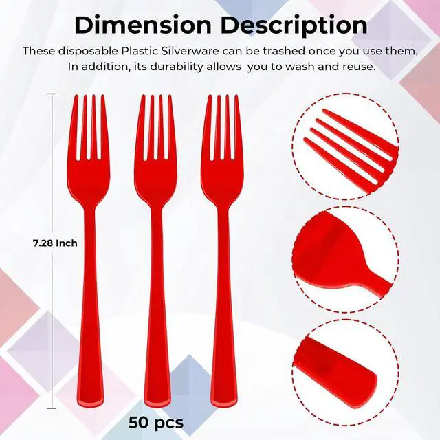 Alt view image 3 of 7 - CXPSINC Red Plastic Forks Disposable, 50 Count - 7.28 Inch Heavy Duty Disposable Cutlery Utensils Solid for Party, Picnic, Catering, Daily Use & More (Red)
