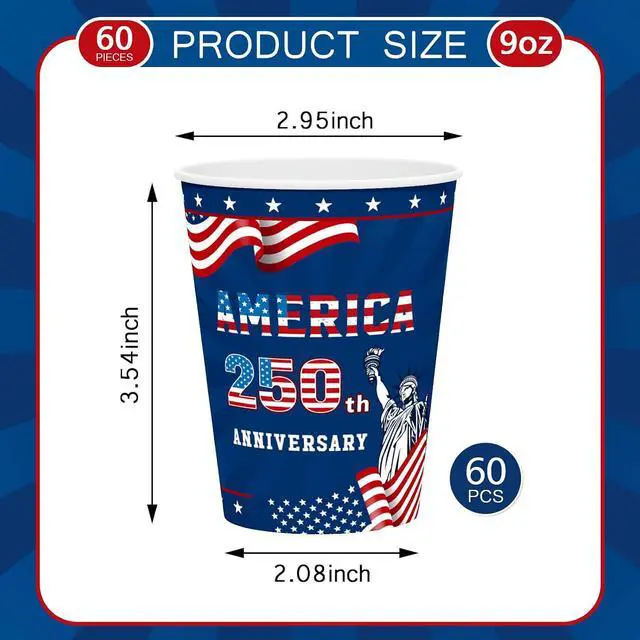 Alt view image 2 of 5 - 60Pcs USA 250th Anniversary Paper Cups American Flag Disposable Cups Red White Blue 9 Oz Paper Cup Patriotic Party Cup for Independence Memorial Day Party Supplies