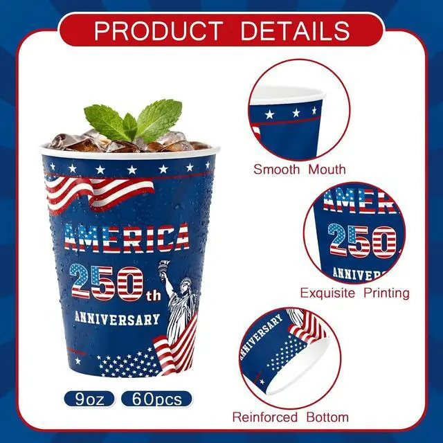 Alt view image 3 of 5 - 60Pcs USA 250th Anniversary Paper Cups American Flag Disposable Cups Red White Blue 9 Oz Paper Cup Patriotic Party Cup for Independence Memorial Day Party Supplies