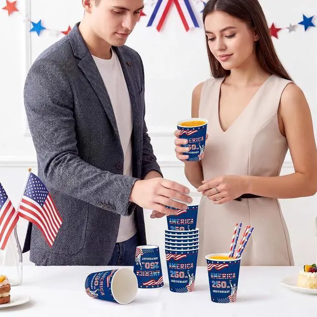 Alt view image 4 of 5 - 60Pcs USA 250th Anniversary Paper Cups American Flag Disposable Cups Red White Blue 9 Oz Paper Cup Patriotic Party Cup for Independence Memorial Day Party Supplies