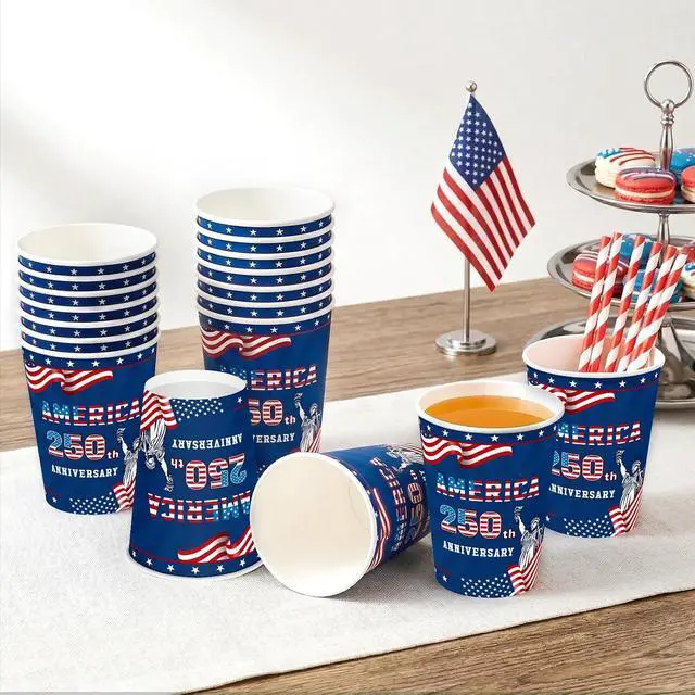Alt view image 5 of 5 - 60Pcs USA 250th Anniversary Paper Cups American Flag Disposable Cups Red White Blue 9 Oz Paper Cup Patriotic Party Cup for Independence Memorial Day Party Supplies