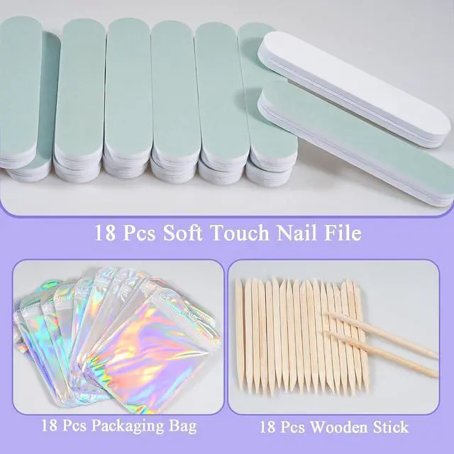 Alt view image 3 of 6 - 18 Set Disposable Manicure Kit Set, Press On Nail Tool Kit (Purple) | Press On Nail Packaging Supplies with Nail File, Buffer, Nail Buffer Block, Handle Brush, Wood Stick, Packaging Bag