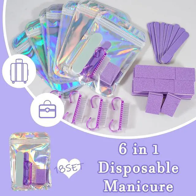 Alt view image 2 of 6 - 18 Set Disposable Manicure Kit Set, Press On Nail Tool Kit (Purple) | Press On Nail Packaging Supplies with Nail File, Buffer, Nail Buffer Block, Handle Brush, Wood Stick, Packaging Bag