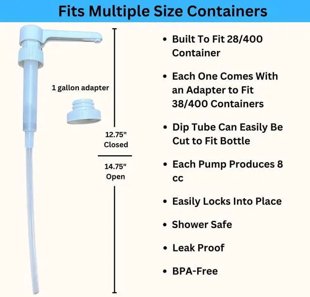 Alt view image 2 of 6 - Dual Fitting Pump Dispenser for Gallon Jugs and Smaller Bottles (8cc Each Pump/Fits 28-400 and 38-400) Leak Proof for Household and Commercial Use, Plastic Pump for 1 Gallon Jug - BPA Free (2-Pack)