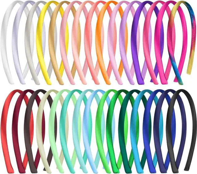 Main image of Duufin 30 Pieces Satin Headbands for Girls 1cm/0.39 inch Girls Headbands | Crafts DIY Colorful Plain Satin Coverd Headbands Comfortable Stay in Place Girl Hair Accessories, 30 Colors