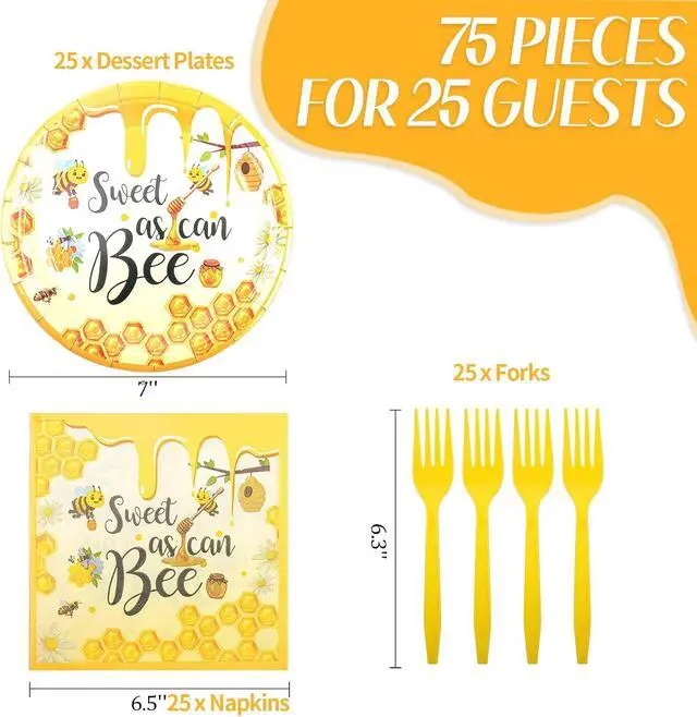 Alt view image 3 of 7 - 75PCS Bee Decorations for Party, Sweet as Can Bee Paper Plates and Napkins with Forks Disposable Dessert Tableware Parties Favors for Birthday Party Supplies Decorations