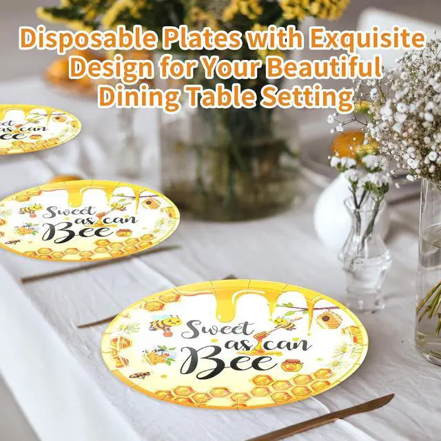Alt view image 6 of 7 - 75PCS Bee Decorations for Party, Sweet as Can Bee Paper Plates and Napkins with Forks Disposable Dessert Tableware Parties Favors for Birthday Party Supplies Decorations