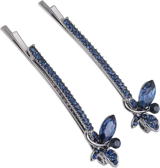 Main image of 1 Pair Fashion Crystal Rhinestone Bobby Pins Bow Square Love Hair Pins Clips Accessories for Women Girls (Dark Blue Dragonfly)
