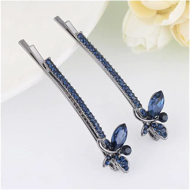 Alt view image 2 of 2 - 1 Pair Fashion Crystal Rhinestone Bobby Pins Bow Square Love Hair Pins Clips Accessories for Women Girls (Dark Blue Dragonfly)