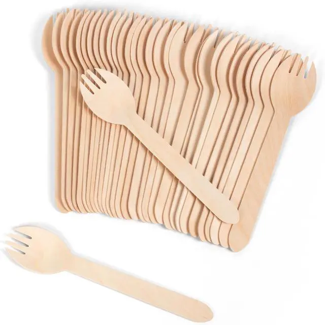 Main image of ANTETOK Disposable Wood Cutlery Sporks - 100 Pack Wooden Sporks Disposable Spoon Fork 2-in-1 Cutlery,6.3 Inch Length