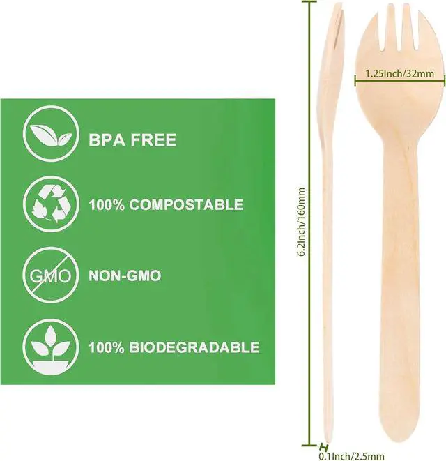Alt view image 2 of 6 - ANTETOK Disposable Wood Cutlery Sporks - 100 Pack Wooden Sporks Disposable Spoon Fork 2-in-1 Cutlery,6.3 Inch Length