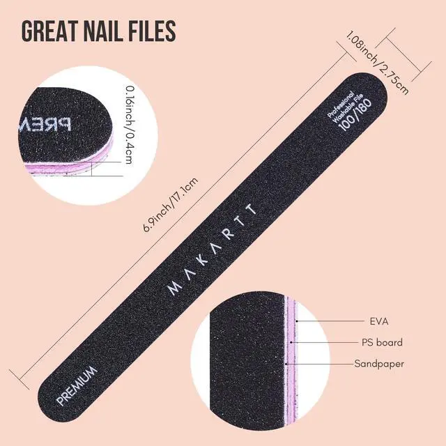Alt view image 6 of 7 - Makartt Nail Files 100/180 Grit - 2pcs Double Sides Black Trial Set | Emery Boards for Nails, Coarse 100 Grit Shapes Acrylic Gel Removal, 180 Grit Smooths Edges, Durable Design for Salon DIY