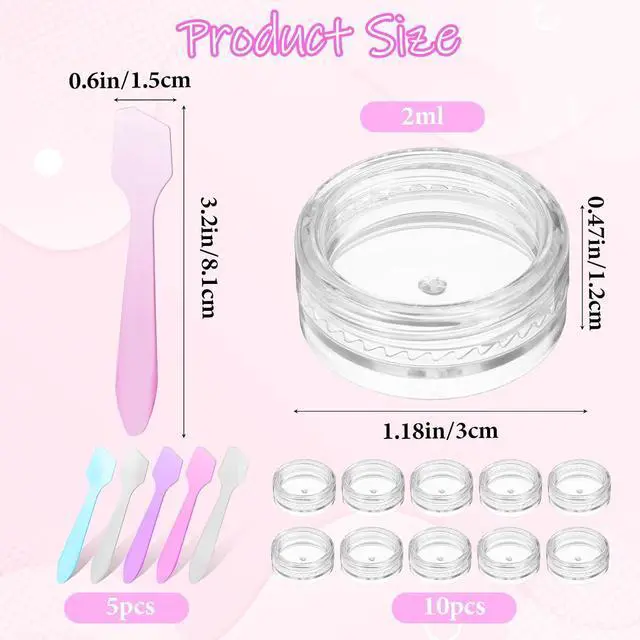 Alt view image 2 of 7 - 10 Pcs 2g Makeup Travel Containers with Lids & 5 Pcs Mini Spatulas, Empty Cosmetic Sample Jars Small Refillable Leak Proof Plastic Bottles for Lip Balm Creams Lotion Lip Scrub Foundation