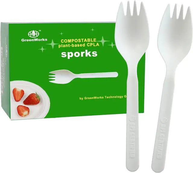 Main image of GreenWorks Compostable CPLA Sporks,100 Count 5.5" Disposable Cutlery Spork (Spoon Fork)