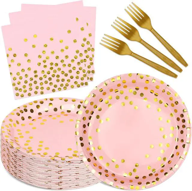 Main image of Pink and Gold Paper Plates and Napkins Party Supplies,Serves 25 Guests Pink Gold Plates and Napkins,Disposable Paper Tableware Set for Birthday Wedding Bridal Shower Baby Shower Decorations