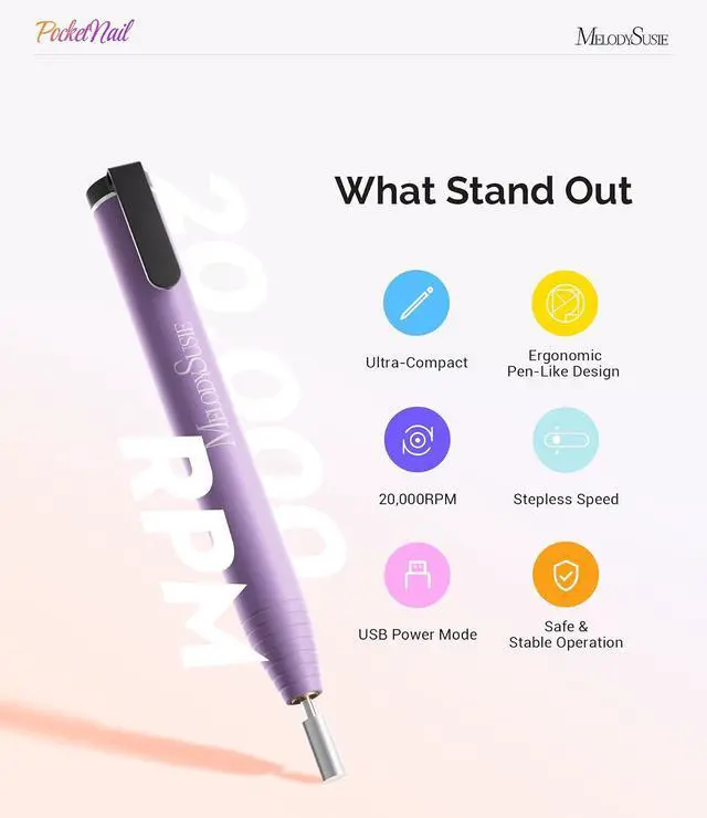 Alt view image 3 of 6 - MelodySusie Pen-Shaped Nail Drill PocketNail PC100G for Nail Beginners | 20,000 RPM, Ultra Slim, Gel Removal & Nail Care, for Home & Travel Use