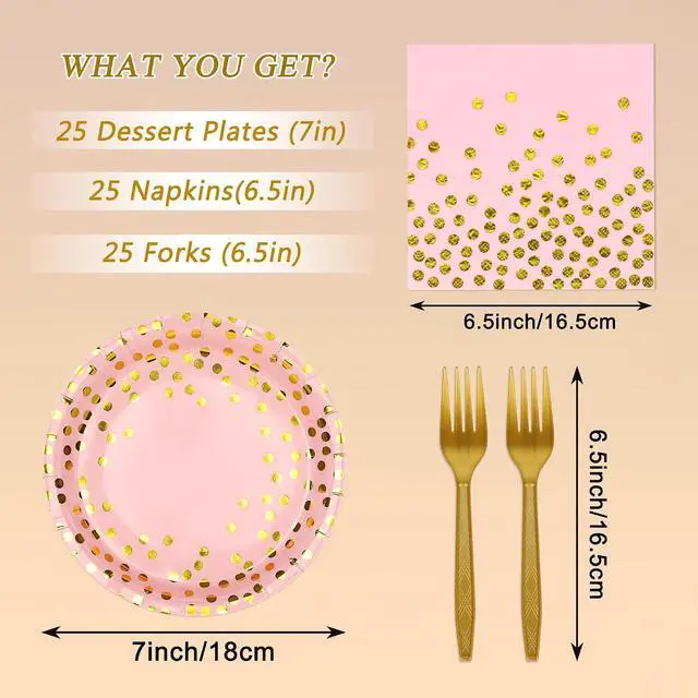 Alt view image 2 of 7 - Pink and Gold Paper Plates and Napkins Party Supplies,Serves 25 Guests Pink Gold Plates and Napkins,Disposable Paper Tableware Set for Birthday Wedding Bridal Shower Baby Shower Decorations