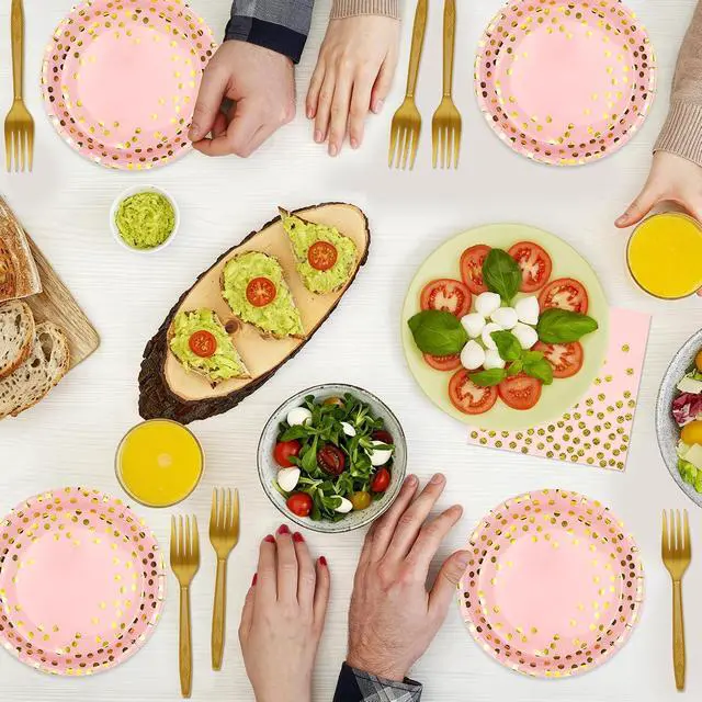 Alt view image 5 of 7 - Pink and Gold Paper Plates and Napkins Party Supplies,Serves 25 Guests Pink Gold Plates and Napkins,Disposable Paper Tableware Set for Birthday Wedding Bridal Shower Baby Shower Decorations