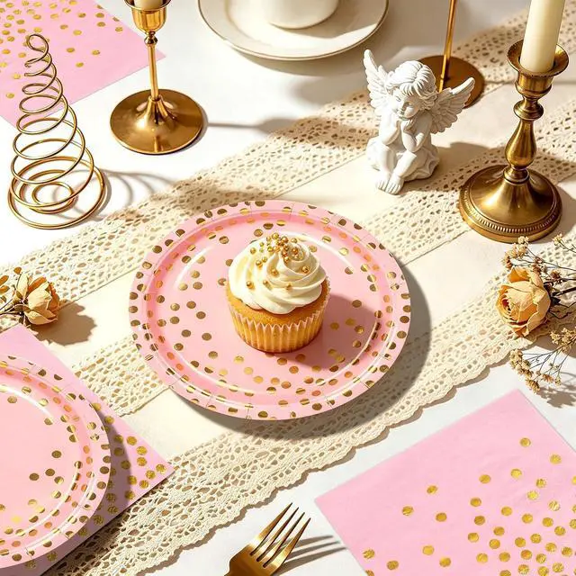 Alt view image 4 of 7 - Pink and Gold Paper Plates and Napkins Party Supplies,Serves 25 Guests Pink Gold Plates and Napkins,Disposable Paper Tableware Set for Birthday Wedding Bridal Shower Baby Shower Decorations