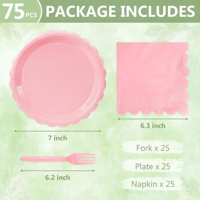Alt view image 2 of 7 - Mulbozy 75 Pink Paper Plates and Napkins Disposable Set for Party,7in | 25 Cute Pink Dessert Cake Plates, 25 Cocktail Napkins & Forks for Baby Girl Shower Birthday Party, Valentines, Tea Party