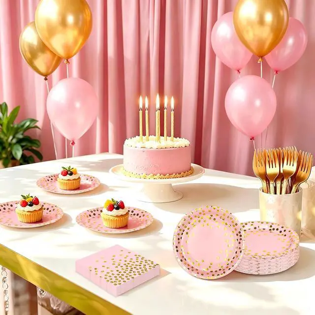 Alt view image 6 of 7 - Pink and Gold Paper Plates and Napkins Party Supplies,Serves 25 Guests Pink Gold Plates and Napkins,Disposable Paper Tableware Set for Birthday Wedding Bridal Shower Baby Shower Decorations