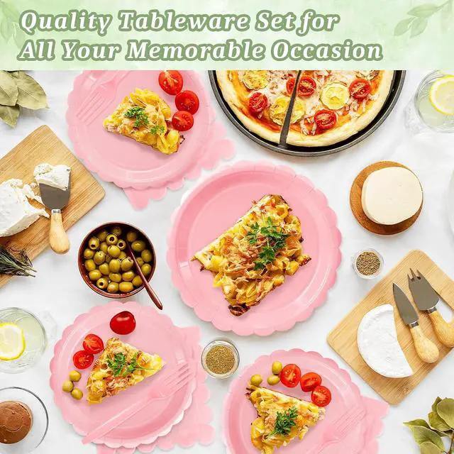 Alt view image 3 of 7 - Mulbozy 75 Pink Paper Plates and Napkins Disposable Set for Party,7in | 25 Cute Pink Dessert Cake Plates, 25 Cocktail Napkins & Forks for Baby Girl Shower Birthday Party, Valentines, Tea Party