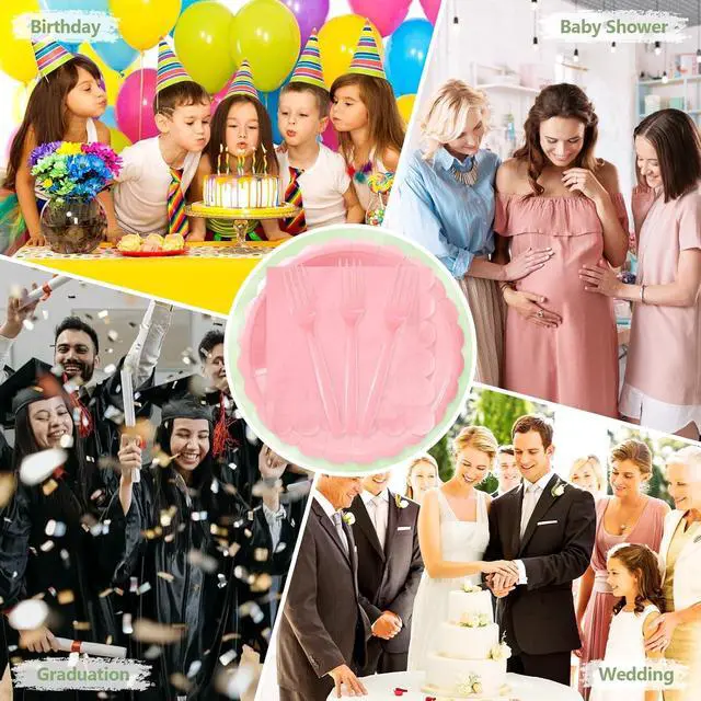 Alt view image 7 of 7 - Mulbozy 75 Pink Paper Plates and Napkins Disposable Set for Party,7in | 25 Cute Pink Dessert Cake Plates, 25 Cocktail Napkins & Forks for Baby Girl Shower Birthday Party, Valentines, Tea Party
