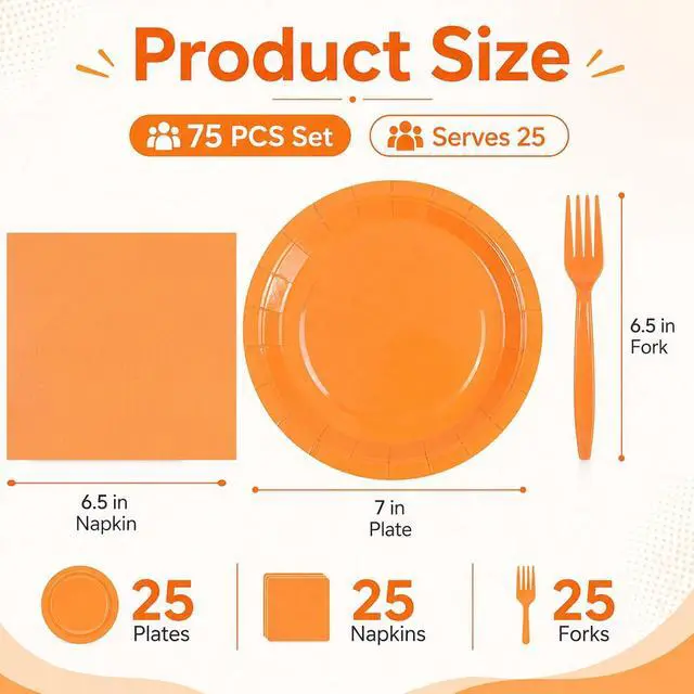 Alt view image 2 of 7 - 75Pcs Orange Paper Plates and Napkins Party Supplies Set,Fall Disposable Plates Party Supplies Includes Paper Napkins Forks Decorations for Fall,Pumpkin,Birthday,Halloween,Christmas,Serves 25