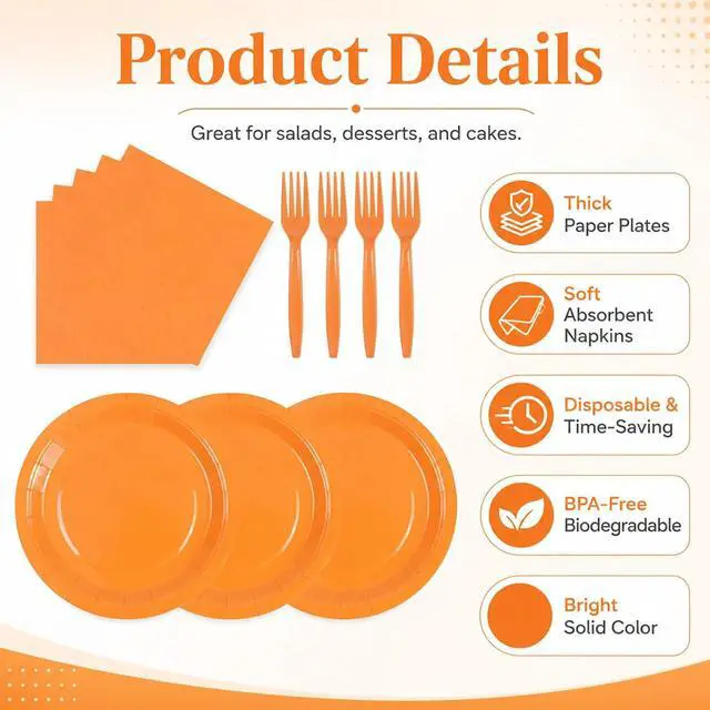 Alt view image 3 of 7 - 75Pcs Orange Paper Plates and Napkins Party Supplies Set,Fall Disposable Plates Party Supplies Includes Paper Napkins Forks Decorations for Fall,Pumpkin,Birthday,Halloween,Christmas,Serves 25