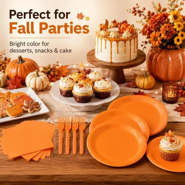 Alt view image 4 of 7 - 75Pcs Orange Paper Plates and Napkins Party Supplies Set,Fall Disposable Plates Party Supplies Includes Paper Napkins Forks Decorations for Fall,Pumpkin,Birthday,Halloween,Christmas,Serves 25