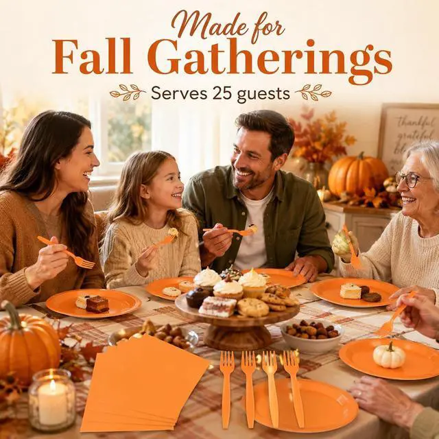 Alt view image 5 of 7 - 75Pcs Orange Paper Plates and Napkins Party Supplies Set,Fall Disposable Plates Party Supplies Includes Paper Napkins Forks Decorations for Fall,Pumpkin,Birthday,Halloween,Christmas,Serves 25