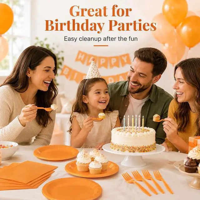Alt view image 6 of 7 - 75Pcs Orange Paper Plates and Napkins Party Supplies Set,Fall Disposable Plates Party Supplies Includes Paper Napkins Forks Decorations for Fall,Pumpkin,Birthday,Halloween,Christmas,Serves 25