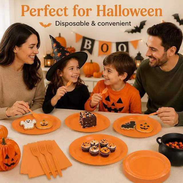 Alt view image 7 of 7 - 75Pcs Orange Paper Plates and Napkins Party Supplies Set,Fall Disposable Plates Party Supplies Includes Paper Napkins Forks Decorations for Fall,Pumpkin,Birthday,Halloween,Christmas,Serves 25