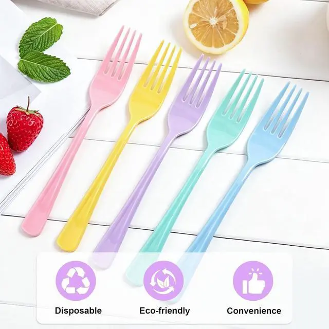 Alt view image 3 of 7 - 50 Pcs Pastel Plastic Forks, Heavy Duty Plastic Cutlery Sets Ten Pieces Per Color Forks for Birthday Baby Shower Gender Reveal, Wedding, Tea Party, Garden Party