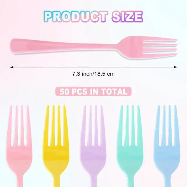 Alt view image 2 of 7 - 50 Pcs Pastel Plastic Forks, Heavy Duty Plastic Cutlery Sets Ten Pieces Per Color Forks for Birthday Baby Shower Gender Reveal, Wedding, Tea Party, Garden Party