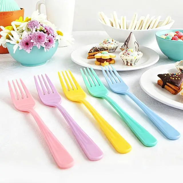 Alt view image 4 of 7 - 50 Pcs Pastel Plastic Forks, Heavy Duty Plastic Cutlery Sets Ten Pieces Per Color Forks for Birthday Baby Shower Gender Reveal, Wedding, Tea Party, Garden Party
