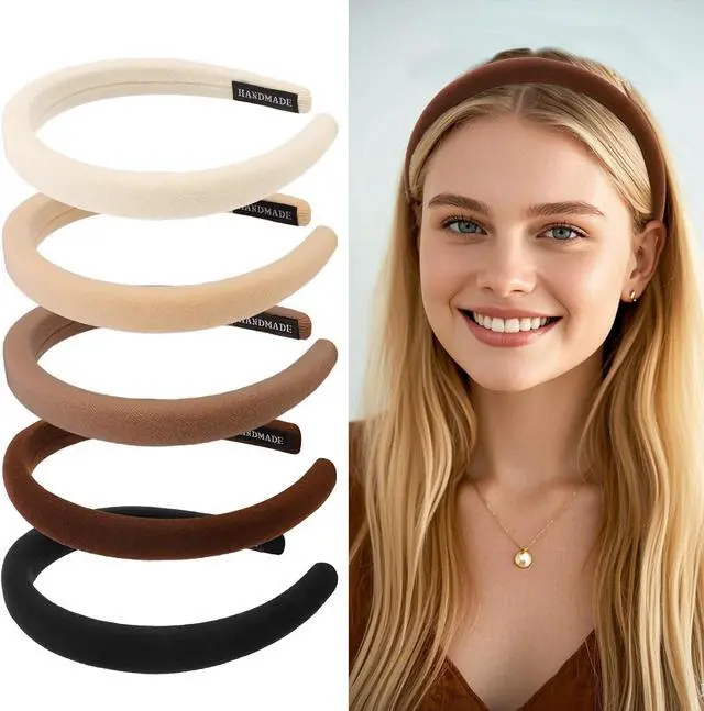 Alt view image 7 of 7 - Aprince Padded Headbands for Women 5Pcs, Neutral Headband Non-slip, Thin Headbands with Soft Fabric, Comfortable Brown Headband, Head Bands for Womens Hair, Plain Elastic Hairbands Fashion