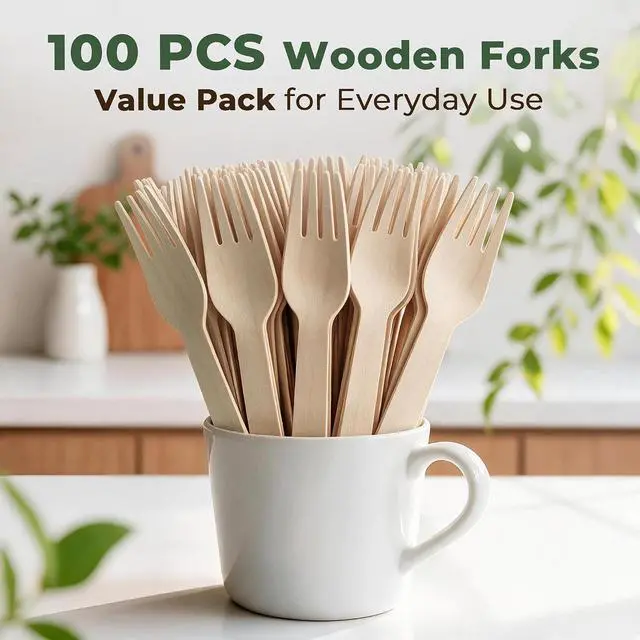Alt view image 2 of 7 - LotFancy Forks Disposable, 100 Pcs Wooden Forks, 6.2inch, Compostable Biodegradable, Great for Camping Picnics Dinner, Party Supplies