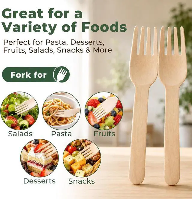 Alt view image 7 of 7 - LotFancy Forks Disposable, 100 Pcs Wooden Forks, 6.2inch, Compostable Biodegradable, Great for Camping Picnics Dinner, Party Supplies