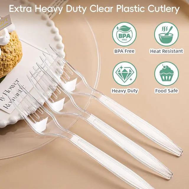 Alt view image 2 of 7 - 120 Count Heavy Duty Clear Plastic Forks, Solid Disposable Forks | Premium Quality, BPA-Free, Heat Resistant, Durable Disposable Forks for Daily Use and Party