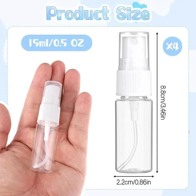 Alt view image 2 of 7 - 4 PCS Travel Spray Bottle, Mini Spray Bottles Plastic Fine Mist Spray Bottles Small Refillable Travel Bottle Empty Liquid Container for Perfume, Care Liquid, Cosmetics (0.5 Oz/15ml)