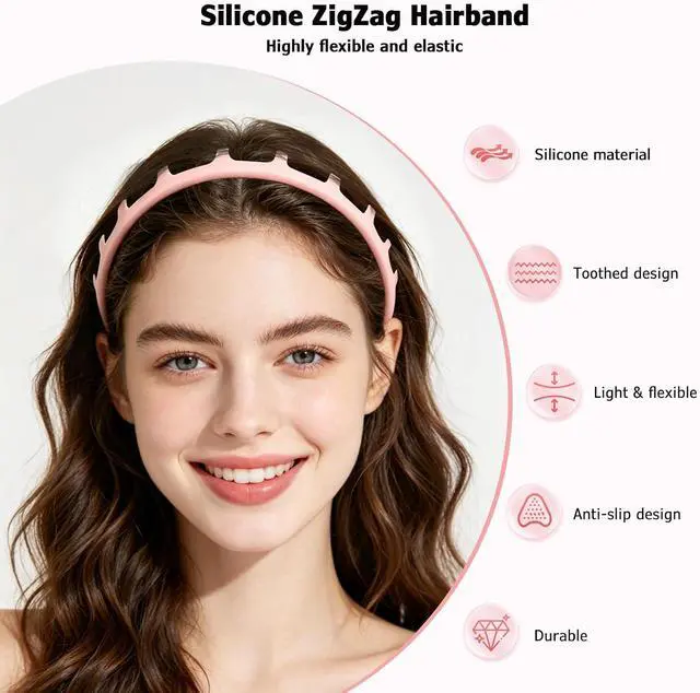Alt view image 2 of 7 - 2Pcs Silicone Zig Zag Headbands for Women's, Non Slip Hairband with Teeth | Hair Zig Fashion Accessories, Ideal Gifts for Girls, Suitable for Daily Yoga Exercise Wavy Headband (Black&Pink)