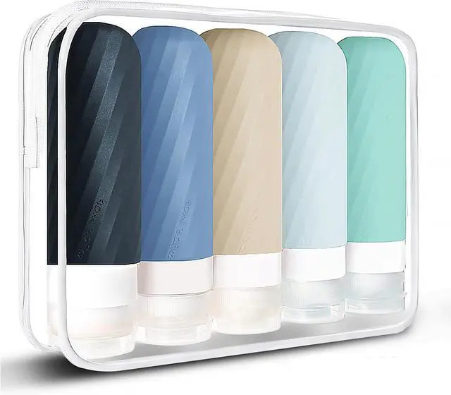 Main image of Laxen 5 Pack Travel Bottles for Toiletries with Clear Bag, Leak Proof, Refillable, TSA Approved Silicone Travel Containers for Shampoo and Conditioner, Travel Essentials Toiletry Bottles
