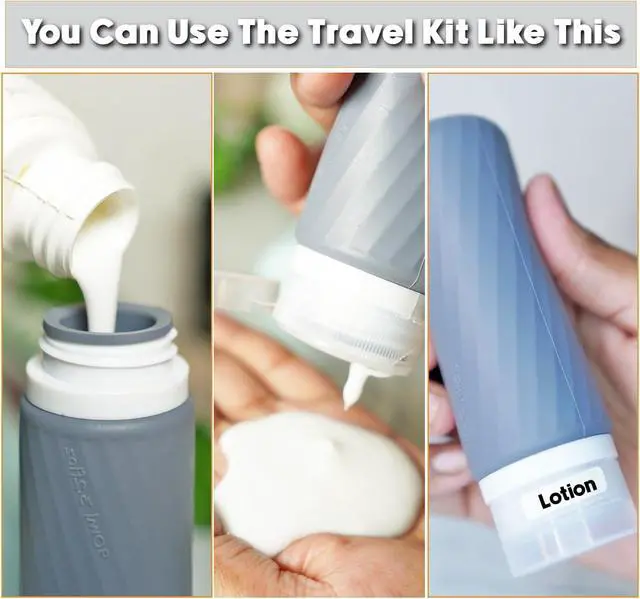 Alt view image 6 of 6 - Laxen 5 Pack Travel Bottles for Toiletries with Clear Bag, Leak Proof, Refillable, TSA Approved Silicone Travel Containers for Shampoo and Conditioner, Travel Essentials Toiletry Bottles