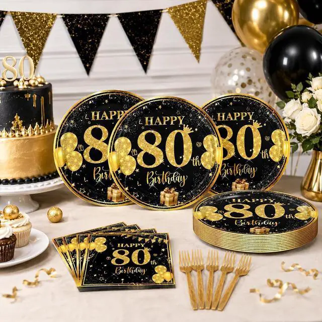 Alt view image 2 of 7 - 80th 7 inch Birthday Party Paper Plates and Napkins Forks,Serve 20 | 60 pcs Black Gold Birthday Decorations for Boys Girls Tableware Set for Anniversary Party Supplies