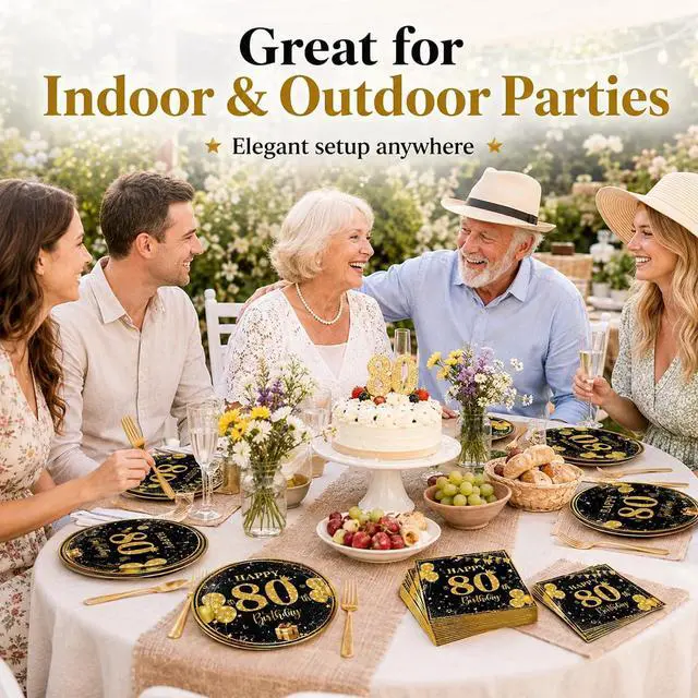 Alt view image 3 of 7 - 80th 7 inch Birthday Party Paper Plates and Napkins Forks,Serve 20 | 60 pcs Black Gold Birthday Decorations for Boys Girls Tableware Set for Anniversary Party Supplies