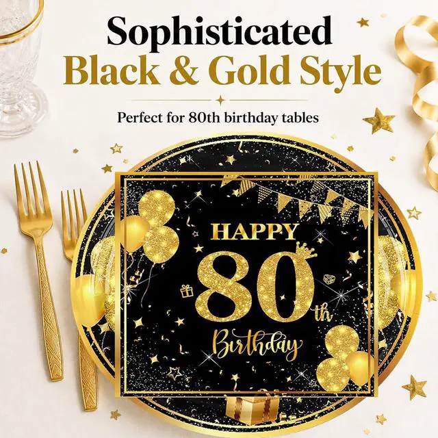 Alt view image 4 of 7 - 80th 7 inch Birthday Party Paper Plates and Napkins Forks,Serve 20 | 60 pcs Black Gold Birthday Decorations for Boys Girls Tableware Set for Anniversary Party Supplies