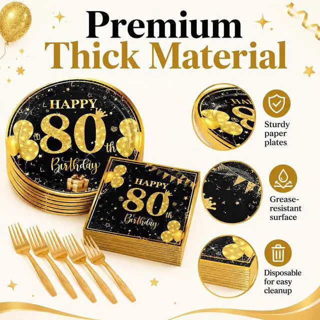 Alt view image 5 of 7 - 80th 7 inch Birthday Party Paper Plates and Napkins Forks,Serve 20 | 60 pcs Black Gold Birthday Decorations for Boys Girls Tableware Set for Anniversary Party Supplies