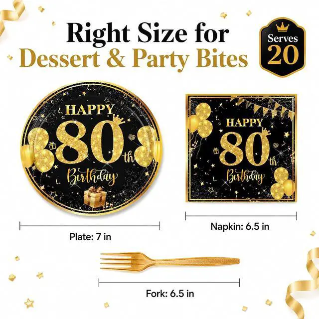 Alt view image 6 of 7 - 80th 7 inch Birthday Party Paper Plates and Napkins Forks,Serve 20 | 60 pcs Black Gold Birthday Decorations for Boys Girls Tableware Set for Anniversary Party Supplies