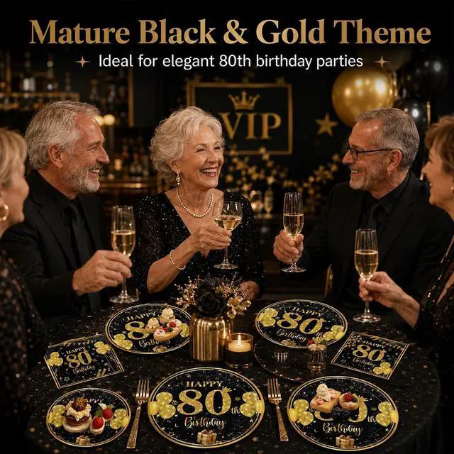 Alt view image 7 of 7 - 80th 7 inch Birthday Party Paper Plates and Napkins Forks,Serve 20 | 60 pcs Black Gold Birthday Decorations for Boys Girls Tableware Set for Anniversary Party Supplies